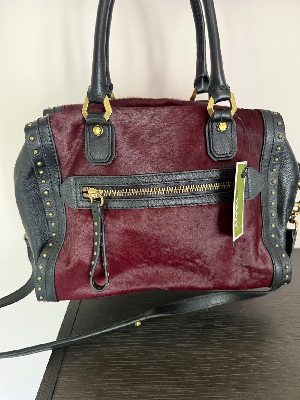 orYANY Burgundy Faux-Hair Satchel with Black Leather & Gold Hardware